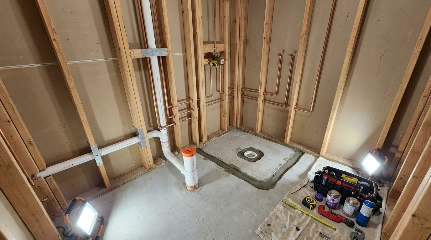 Bathroom rough-in plumbing during remodel by Johns Plumbing LLC in Stoneville