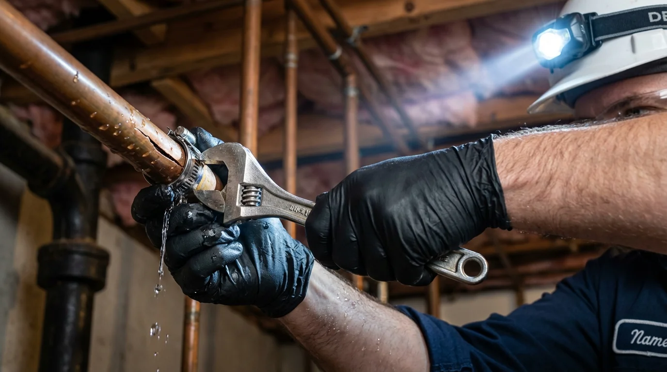 Emergency pipe clamp repair being performed by a Johns Plumbing LLC plumber in Stoneville