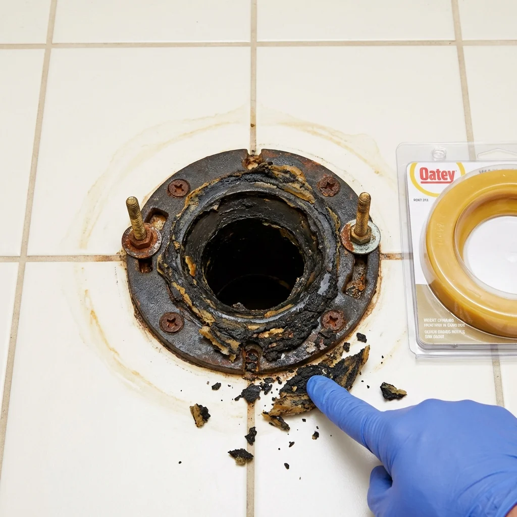 Failed wax ring showing water seepage at the base of a toilet in a Stoneville, NC home