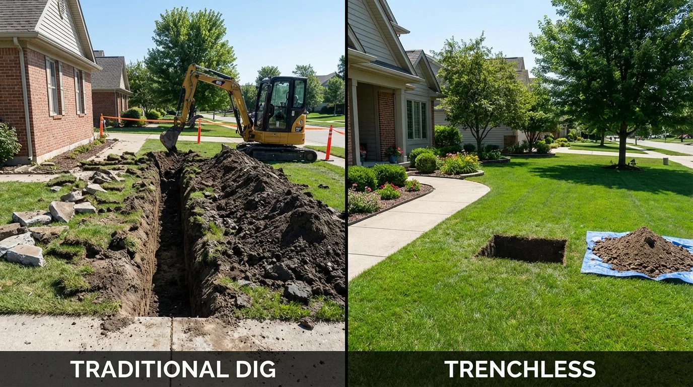 Trenchless sewer repair with minimal yard damage versus traditional excavation in Stoneville, NC