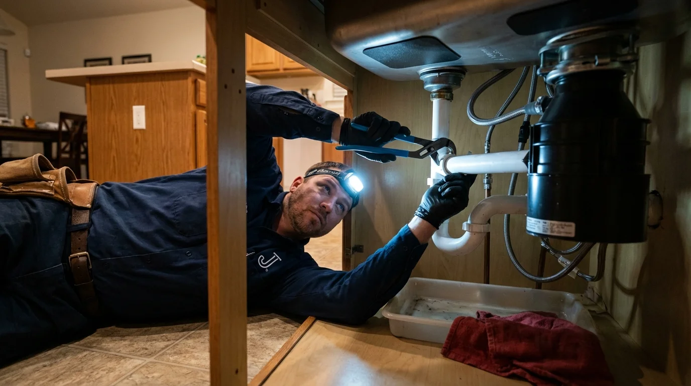 P-trap and supply line connections under a kitchen sink showing a common leak point in Stoneville, NC